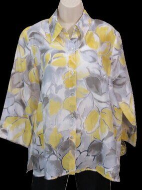 Alfred Dunner Yellow/Grey/White Burnout Blouse Top Button Collar Size 14